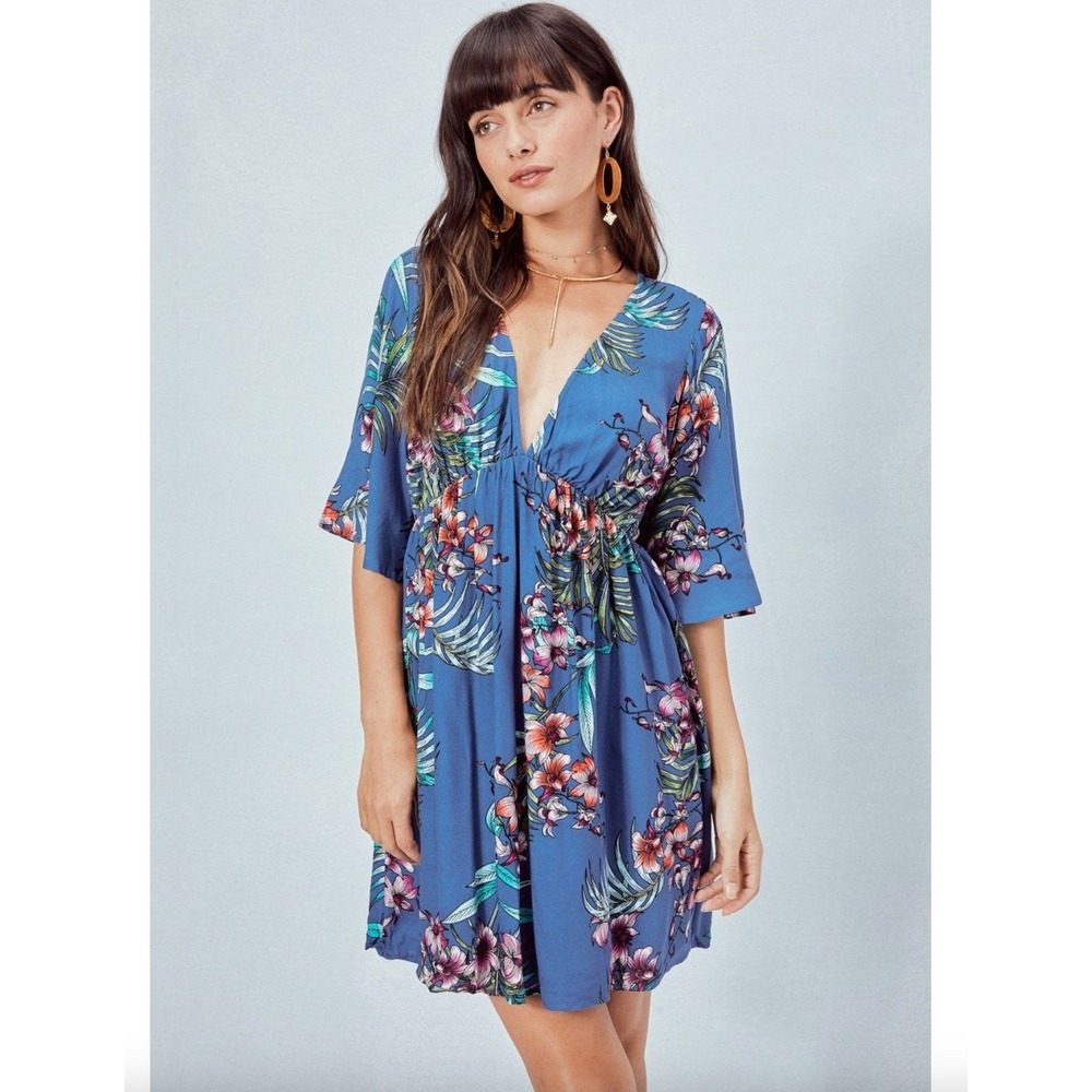 Lovestitch Mini Dress Tropical Print Floral Empire Waist Boho Resort Blue Medium